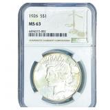 1926 Silver Peace Dollar NGC MS63