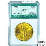 1908 $20 Gold Double Eagle NTC MS61 No Motto