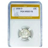 1936-D Mercury Silver Dime PGA MS65 FB