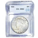 1934 Silver Peace Dollar ICG MS64