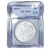 1891-S Morgan Silver Dollar ICG EF45