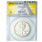 1945-D Walking Liberty Half Dollar ANACS MS64
