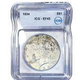 1934 Silver Peace Dollar ICG EF45