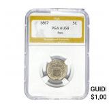 1867 Shield Nickel PGA AU58 Rays
