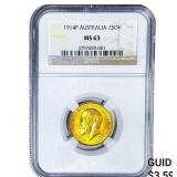 1914P Austrailia Gold 1 Sovereign .2355 AGW MS63