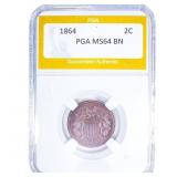 1864 Two Cent Piece PGA MS64 BN