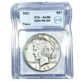 1921 Silver Peace Dollar ICG AU50 High Relief