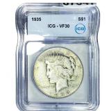 1935 Silver Peace Dollar ICG VF30