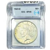 1923-D Silver Peace Dollar ICG EF45