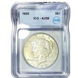 1935 Silver Peace Dollar ICG AU58