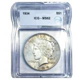 1934 Silver Peace Dollar ICG MS62