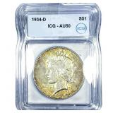 1934-D Silver Peace Dollar ICG AU50