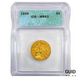 1909 $5 Gold Half Eagle ICG MS63