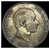 1883 Spanish Philippines Silver 50 Centavos NEARLY