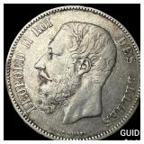 1870 Belgium Silver 5 Francs NEARLY UNCIRCULATED
