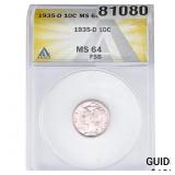 1935-D Mercury Silver Dime ANACS MS64 FSB