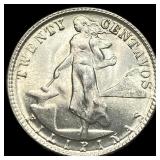 1945 U.S. Philippines Silver 20 Centavos CHOICE AU