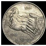1961 Italy Silver 500 Lire CLOSELY UNCIRCULATED
