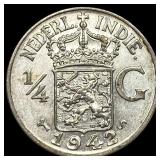 1942-S Neth. E. Indies Silver 1/4 Gulden CHOICE AU