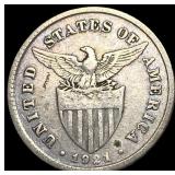 1921 U.S. Philippines Silver 20 Centavos NEARLY UN