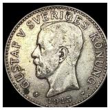 1915 Sweden Silver 2 Kronor NEARLY UNCIRCULATED