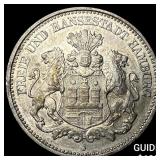 1893 Hamburg Silver 2 Mark CLOSELY UNCIRCULATED