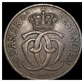 1905 Danish W. Indies Copper 2 Cents NEARLY UNCIRC