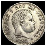 1891 Portugal Silver 500 Reis NEARLY UNCIRCULATED