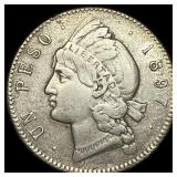 1897-A Dominican Rep. Silver 1 Peso NEARLY UNCIRCU