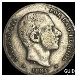 1884 Spanish Philippines Silver 20 Centavos NEARLY