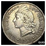 1939 Dominican Rep. Silver 1 Peso NEARLY UNCIRCULA