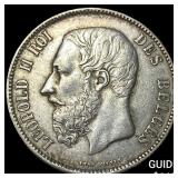 1873 Belgium Silver 5 Francs NEARLY UNCIRCULATED