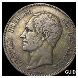 1850 Belgium Silver 5 Francs NEARLY UNCIRCULATED