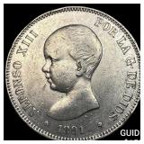 1891 Spain Silver 5 Pesetas UNCIRCULATED