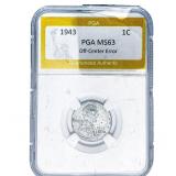 1943 Wheat Cent PGA MS63 Off-Center Error