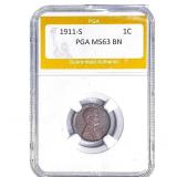 1911-S Wheat Cent PGA MS63 BN