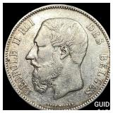 1868 Belgium Silver 5 Francs  CLOSELY UNCIRCULATED