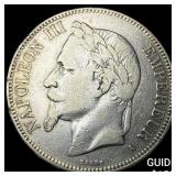 1870 France Silver 5 Francs NEARLY UNCIRCULATED