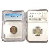[2 Coins] 1873-1907 1C & Nickel 3C ICG/NGC MS63-64