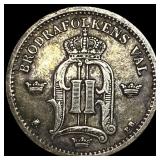 1890 Sweden Silver 25 Ore NEARLY UNCIRCULATED