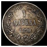 1890 Finland Silver 1 Markka CLOSELY UNCIRCULATED