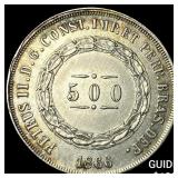 1866 Brazil Silver 500 Reis NEARLY UNCIRCULATED
