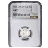 1838 Seated Liberty Dime NGC AU55 Large Stars
