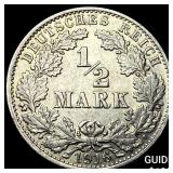 1916-J Germany Silver 1/2 Mark NEARLY UNCIRCULATED