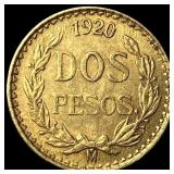 1920 Mexico Gold 2 Pesos CLOSELY UNCIRCULATED