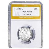 1840-O Seated Liberty Quarter PGA AU58 w/ Drapery