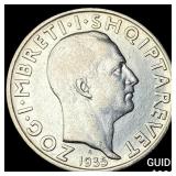 1935 Albania Silver 2 Franga NEARLY UNCIRCULATED