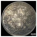 1912-D German Silver 1/2 Mark NEARLY UNCIRCULATED