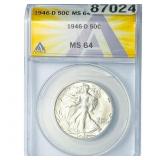 1946-D Walking Liberty Half Dollar ANACS MS64