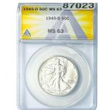 1945-D Walking Liberty Half Dollar ANACS MS63